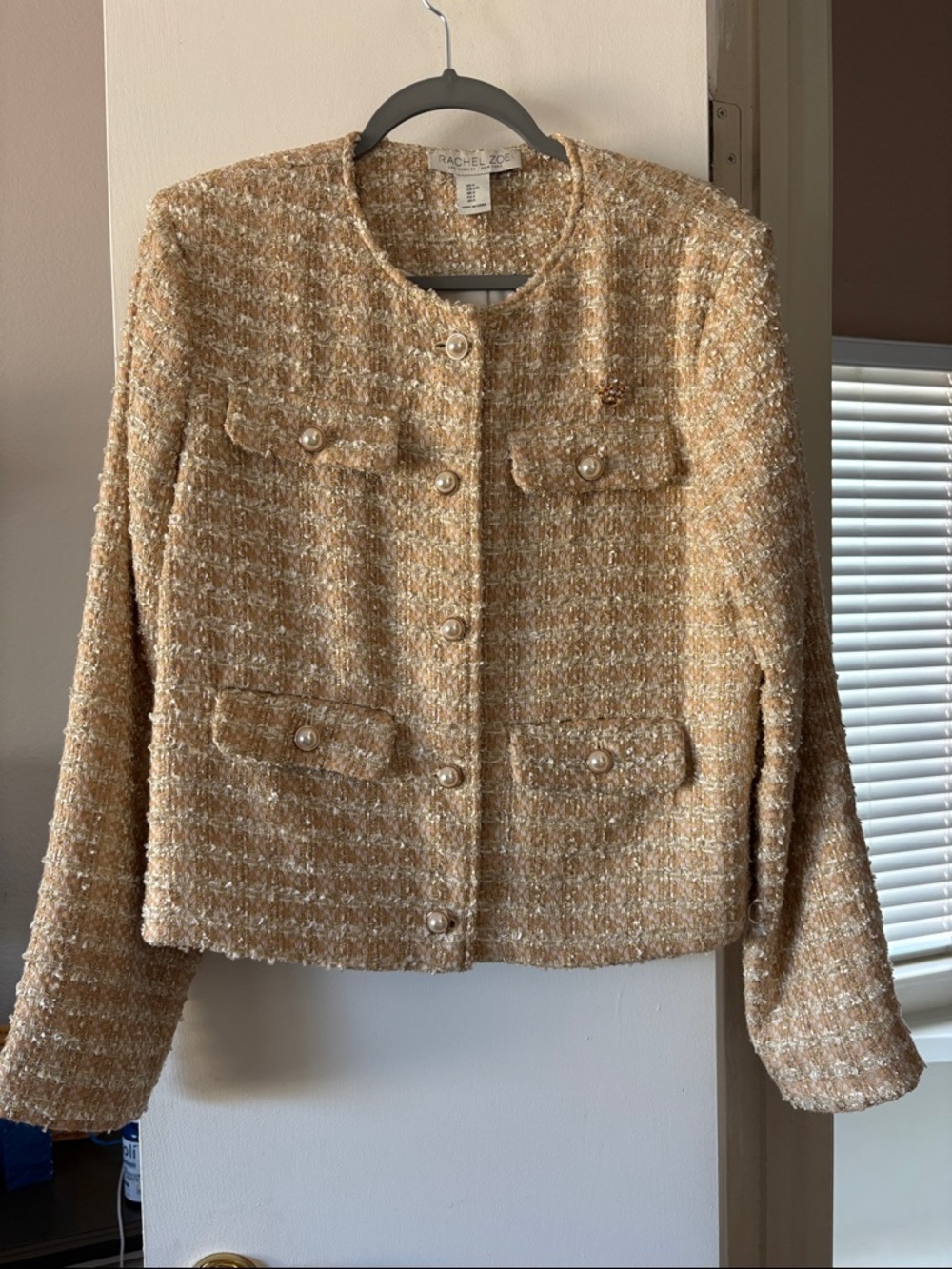 Rachel Zoe Cream and Tan Tweed Pearl-Button Jacket